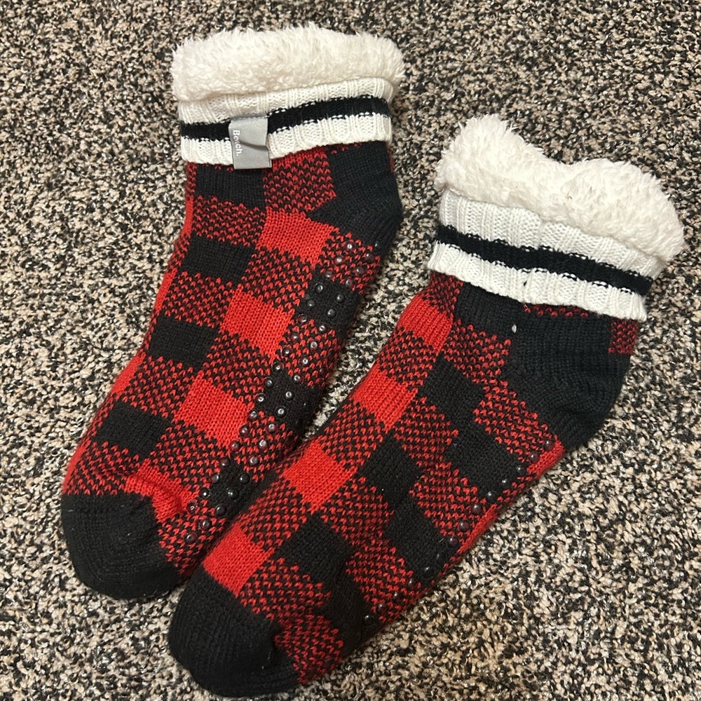 Cozy Red and Black Plaid Fleece-Lined Socks